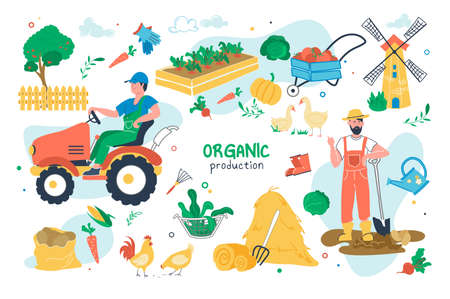 Organic production set isolated elements. Farmers engaged in agriculture and animal husbandry. Farm symbols bundle - harvest, fruits, vegetables, gardening. Vector illustration in flat cartoon designのイラスト素材