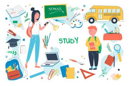 Back to school set isolated elements. Schoolchildren learn in lessons. Study symbols bundle - textbook, stationery, briefcase, backpack, laptop, pencil case. Vector illustration in flat cartoon designのイラスト素材