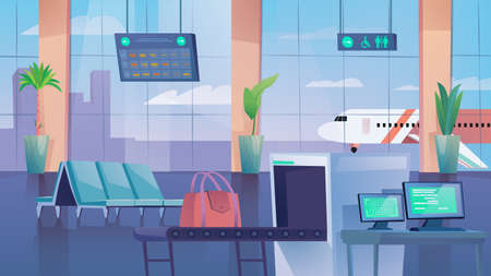 Hall of airport landing page in flat cartoon style. Waiting hall interior with chairs, baggage scanner checkpoint, information panels. Plane outside window. Vector illustration of web backgroundのイラスト素材