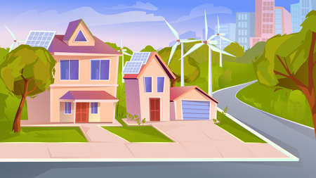 Suburb with green energy, landing page in flat cartoon style. Private houses with solar panels and wind turbines. Renewable energy, eco friendly city concept. Vector illustration of web backgroundのイラスト素材