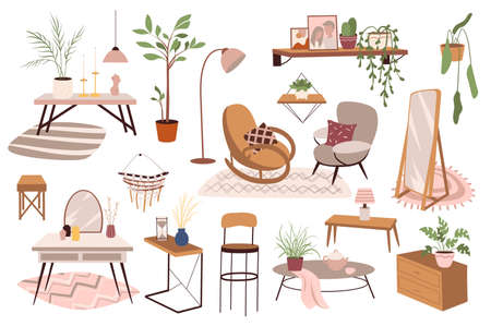 Home furniture and decor isolated elements set. Armchairs, coffee table, mirror, lamps, plants, shelves, other objects. Bundle of modern interior. Vector illustration in flat cartoon for web designのイラスト素材