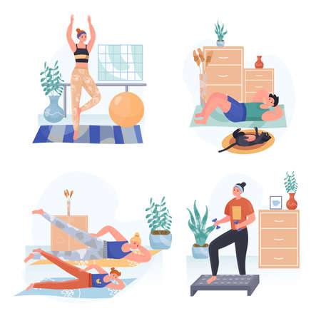 Fitness concept scenes set. Women doing aerobics or yoga asanas, family exercising, man training. Workout at home. Collection of people activities. Vector illustration of characters in flat designのイラスト素材