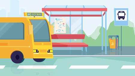 Empty bus station interior, banner in flat cartoon design. Transport stop, seats, yellow city bus. Modern public urban transportation, infrastructure concept. Vector illustration of web backgroundのイラスト素材