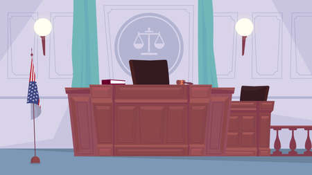 Empty courtroom interior, banner in flat cartoon design. Judge workplace, tribune, secretary table, hammer, decor. Justice, jurisprudence, investigation concept. Vector illustration of web backgroundのイラスト素材