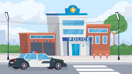 Police department building view, banner in flat cartoon design. Exterior of police station with patrol car. Protection, justice guards, justice structure concept. Vector illustration of web backgroundのイラスト素材