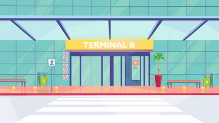 Airport main entrance interior, banner in flat cartoon design. Facade of building with gate to terminal. Boarding plane, arrival, travel and tourism concept. Vector illustration of web backgroundのイラスト素材