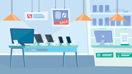 Gadget shop interior, banner in flat cartoon design. Table with monitor, smartphones and tablets, showcase of electronics store, cash desk, discount offers. Vector illustration of web backgroundのイラスト素材