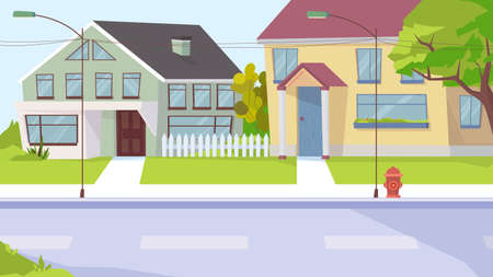 Country street view, banner in flat cartoon design. Village landscape with house buildings, sidewalk, lanterns. Suburban infrastructure and real estate concept. Vector illustration of web backgroundのイラスト素材