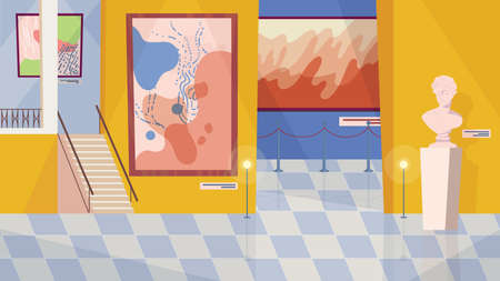Museum exhibition room interior, banner in flat cartoon design. Exhibition of paintings, artworks, ancient statues. Contemporary and classical art gallery. Vector illustration of web backgroundのイラスト素材