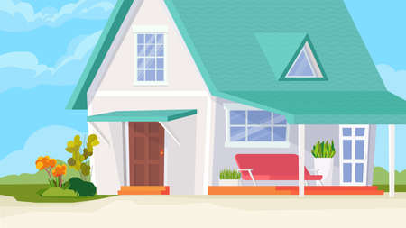 Suburban house building view, banner in flat cartoon design. Exterior of country house, with windows, doors and terrace. Cottage at village, rural realty estate. Vector illustration of web backgroundのイラスト素材