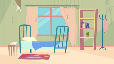 Old dirty room interior, banner in flat cartoon design. Abandoned apartment inside with bed, bedside table, window with damaged curtains, bookshelf and decor. Vector illustration of web backgroundのイラスト素材