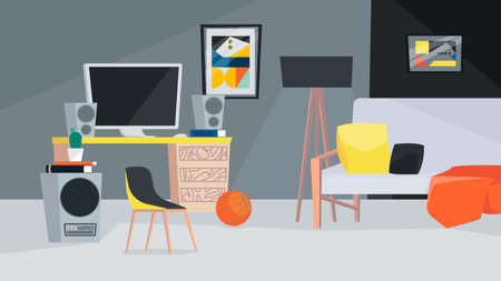 Men room interior, banner in flat cartoon design. Male apartment inside with workplace, computer on table, music columns, sofa with pillows, ball and decor. Vector illustration of web backgroundのイラスト素材