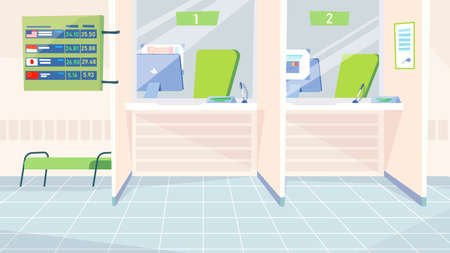 Cash desk at Bank interior, banner in flat cartoon design. Cashier windows for financial consulting, waiting hall reception with bench. Banking service concept. Vector illustration of web backgroundのイラスト素材