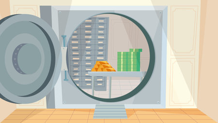 Safe deposit box at bank interior, banner in flat cartoon design. Huge door with combination lock from money storage. Deposit protection, banking service concept. Vector illustration of web backgroundのイラスト素材