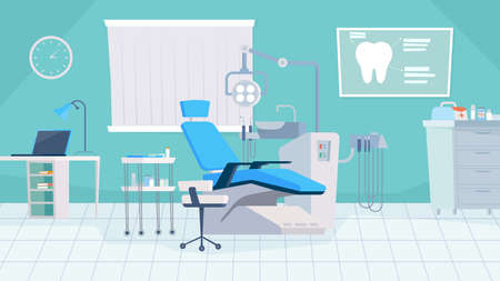 Dentist office interior, banner in flat cartoon design. Dental chair, medical equipment for stomatology treatment, workstation with computer, orthodontic tools. Vector illustration of web backgroundのイラスト素材