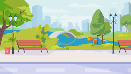 Summer city park view, banner in flat cartoon design. Public garden or square with lake, bridge, benches, lanterns and footpath, cityscape with skyscrapers. Vector illustration of web backgroundのイラスト素材