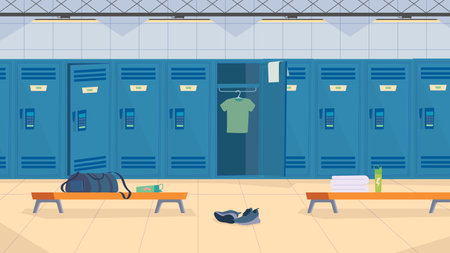Locker room interior, banner in flat cartoon design. Sports center row of lockers for storing clothes, benches, uniforms. Healthy lifestyle, fitness concept. Vector illustration of web backgroundのイラスト素材