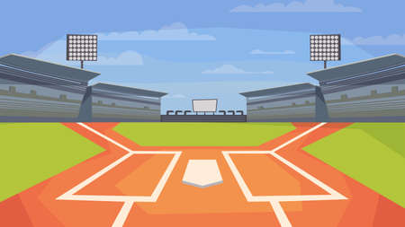 Baseball stadium view, banner in flat cartoon design. Sports center field for game, base, spotlights, stands with seats for spectators. Competitions concept. Vector illustration of web backgroundのイラスト素材