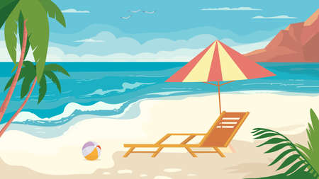 Summer beach view, banner in flat cartoon design. Seaside resort, sandy beach with sun lounger, ball, palm trees and leaves. Holidays on tropical island concept. Vector illustration of web backgroundのイラスト素材