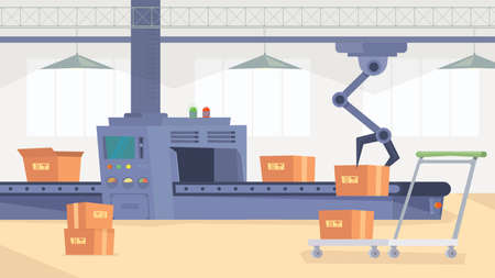 Production line at factory interior, banner in flat cartoon design. Conveyor automatic assembly line...