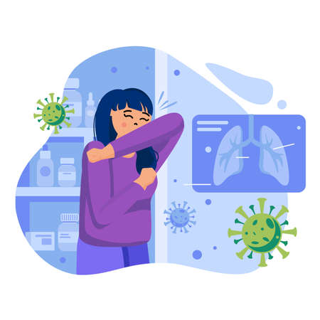 Coronavirus concept. Woman is ill with covid-19, coughs in her elbow. Infectious patient with symptoms of viral disease. Template of people scenes. Vector illustration with characters in flat designのイラスト素材