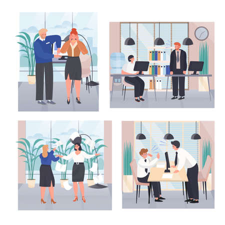 Conflict situations at work concept scenes set. Boss shouts and presses on employees. Colleagues swear in office. Collection of people activities. Vector illustration of characters in flat designのイラスト素材