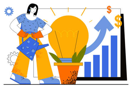 Business idea web concept. Businesswoman developing new project. Woman watering light bulb, metaphor of innovation and investment. Vector illustration for web page template in flat line designのイラスト素材