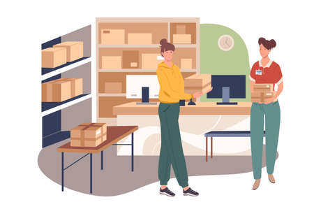 Delivery service web concept. Women work in warehouse. Postal service workers give out parcels, processes orders on computer. People scenes template. Vector illustration of characters in flat designのイラスト素材