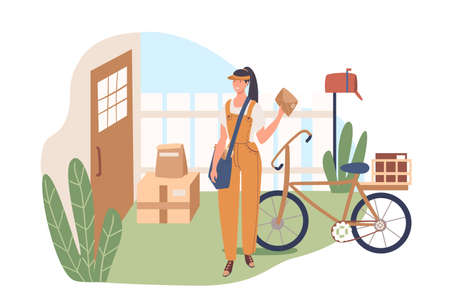 Delivery service web concept. Woman works as courier and delivers letters and parcels to client at home. Postal service worker. People scenes template. Vector illustration of characters in flat designのイラスト素材