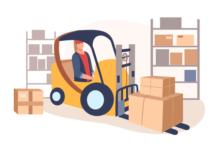Delivery service web concept. Man at forklift car work in warehouse. Worker loading and carry parcels. Postal service worker. People scenes template. Vector illustration of characters in flat designのイラスト素材