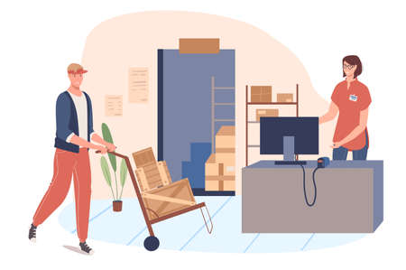 Delivery service web concept. Woman and man work in warehouse. Loader carry parcels. Operator processes orders on computer. People scenes template. Vector illustration of characters in flat designのイラスト素材