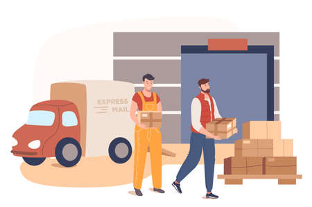 Delivery service web concept. Postal service workers working in warehouse. Loaders carrying parcels boxes. Express mail car. People scenes template. Vector illustration of characters in flat designのイラスト素材
