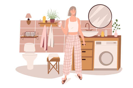 Modern comfortable interior of bathroom web concept. Woman does beauty routine in room with sink, mirror, toilet, home decor. People scenes template. Vector illustration of characters in flat designのイラスト素材