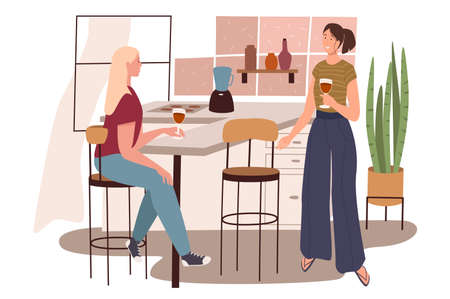 Modern comfortable interior of kitchen web concept. Women drinking wine and talking while sitting on bar stools at table. People scenes template. Vector illustration of characters in flat designのイラスト素材