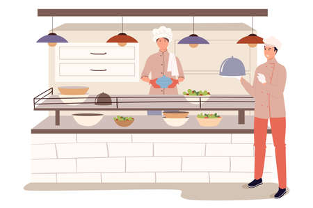 Restaurant staff in kitchen web concept. Chef places ready meals on counter, waiter carries orders to customers in dining room. People scenes template. Vector illustration of characters in flat designのイラスト素材