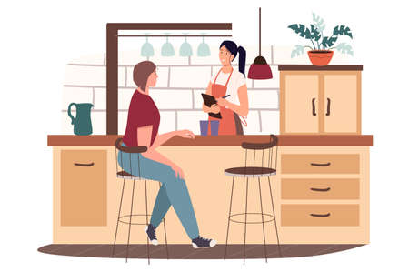 Cafe or coffee shop kitchen web concept. Woman sitting on bar stool behind counter, barista writing down customer order. People scenes template. Vector illustration of characters in flat designのイラスト素材