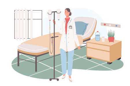 Medical office web concept. Nurse with dropper at ward. Hospitalization, rehabilitation, intensive therapy at medical clinic. People scenes template. Vector illustration of characters in flat designのイラスト素材