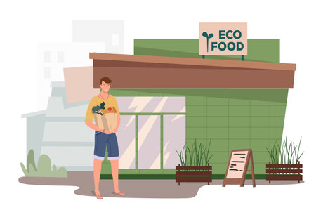 Eco food store building web concept. Man buys vegetables and fruits in shop. Buyer standing with bags organic food at entrance. People scenes template. Vector illustration of characters in flat designのイラスト素材