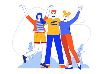 Happy people standing together web concept. Man and women hugging and raising hands. Friends team. Vector illustration in minimal flat design for blog, app design, onboarding screen, social mediaのイラスト素材