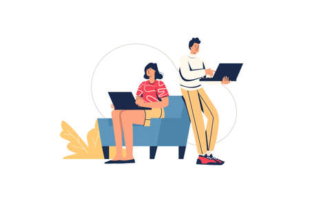Girl and boy surfing internet web concept. Teenagers browsing news feed on social network, relaxing, chatting online using laptops, minimal people scene. Vector illustration in flat design for websiteのイラスト素材