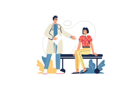 Medical office web concept. Doctor consults patient, diagnostics and treatment prescription. Woman visiting therapist in clinic, minimal people scene. Vector illustration in flat design for websiteのイラスト素材