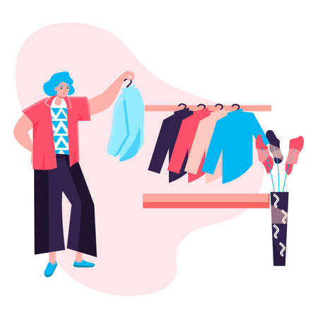 Shopping woman concept. Customer chooses fashionable stylish outfit from new collection of clothes, client in boutique shop character scene. Vector illustration in flat design with people activitiesのイラスト素材