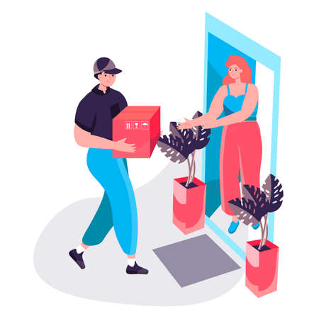 Delivery service concept. Courier delivers parcel to customer at home, woman receives order. Express shipping, logistic character scene. Vector illustration in flat design with people activitiesのイラスト素材