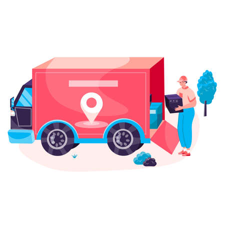 Delivery service concept. Warehouse worker loading parcels into truck. Express shipping, distribution, transportation character scene. Vector illustration in flat design with people activitiesのイラスト素材