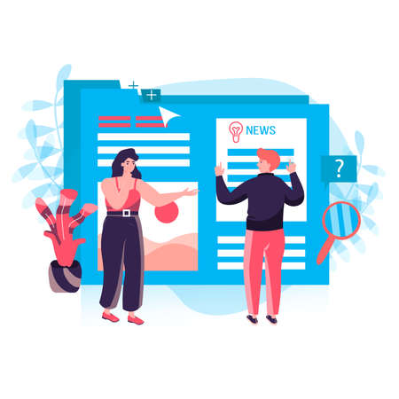 Journalism concept. Man and woman journalists write news and articles for online media. Content writers working at mass media character scene. Vector illustration in flat design with people activitiesのイラスト素材