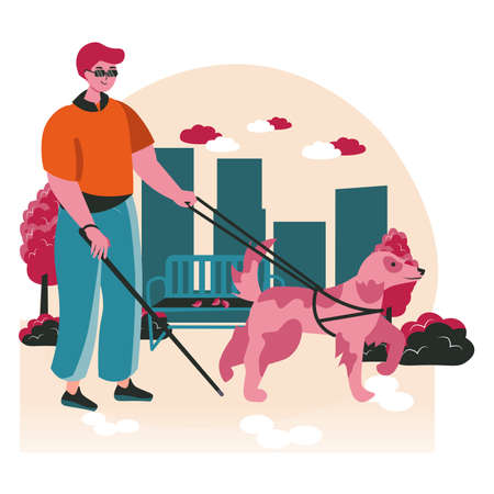 Disabled people scene concept. Blind man walking with guide dog at street. Accessibility and rehabilitation handicapped person, people activities. Vector illustration of characters in flat designのイラスト素材