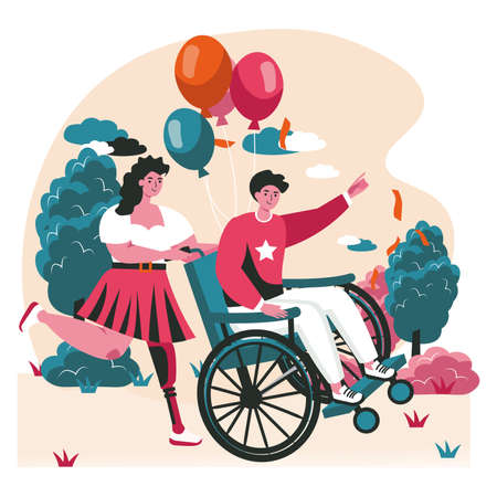 Disabled people scene concept. Woman with prosthetic leg carries man in wheelchair to celebrate. Accessibility and rehabilitation people activities. Vector illustration of characters in flat designのイラスト素材