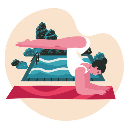 People doing yoga asanas scene concept. Woman practicing handstand pose. Sports training, body health care, physical development, people activities. Vector illustration of characters in flat designのイラスト素材