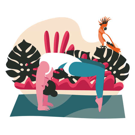 People doing yoga asanas scene concept. Woman practicing bridge posture. Sports training, gymnastic workout, physical development, people activities. Vector illustration of characters in flat designのイラスト素材