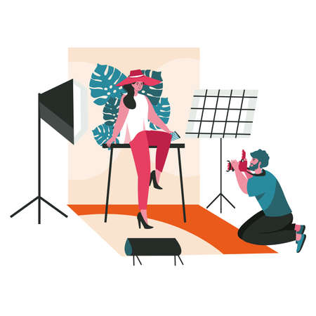 People work as photographers scene concept. Man makes photo session of posing fashion model in the studio. Profession and hobby people activities. Vector illustration of characters in flat designのイラスト素材